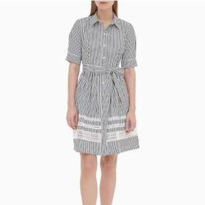 Calvin Klein Striped Bow Sleeve Belt Dress. NWT